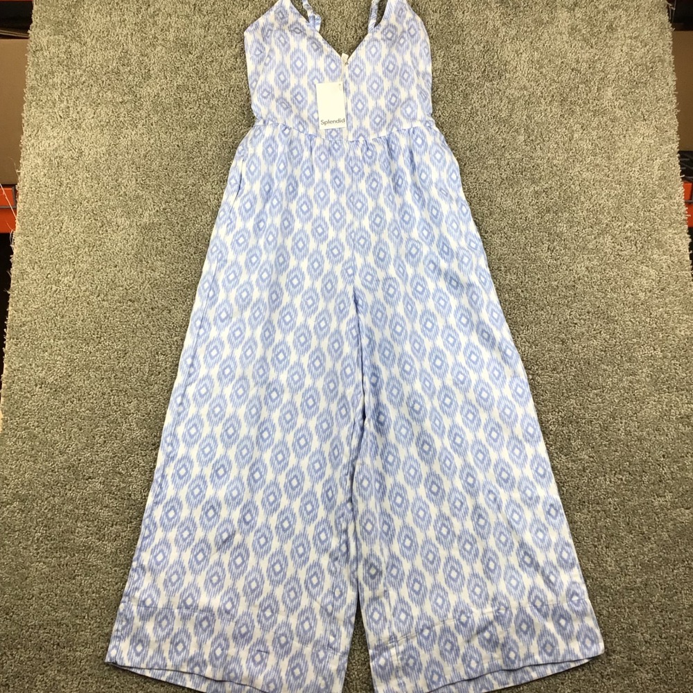 Splendid Womens Wide Leg Linen‎ Jumpsuit Blue Ikat Pattern Size L NWT